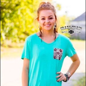 Crazy Train Turquoise & Cow print pocket